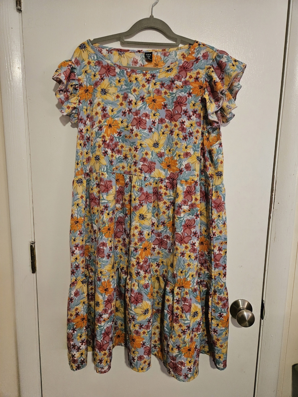 SHEIN Yellow, Blue & Pink Floral Tiered Dress with Ruffle Sleeves